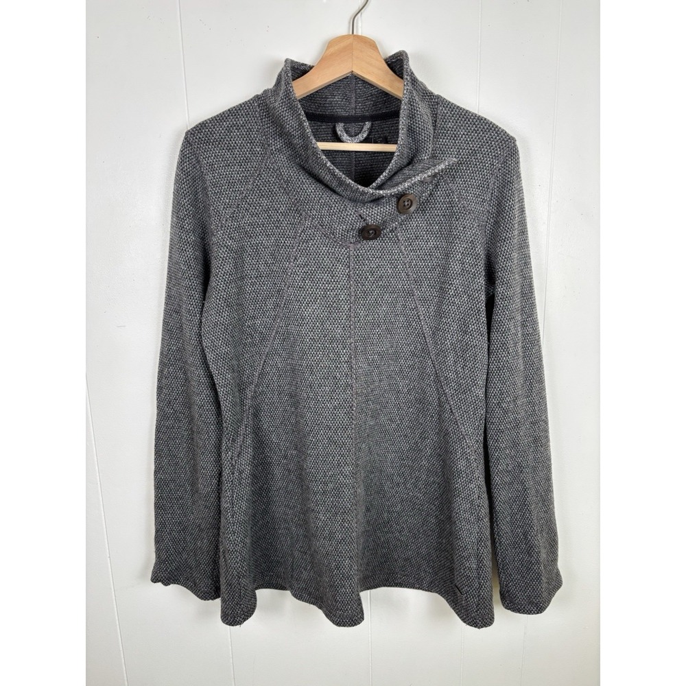 prAna Women's Size Medium Coal Gray Ebba Cowl Neck Wool Blend Button Sweater